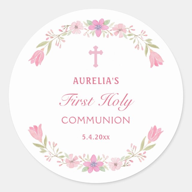 Sticker Rond Première communion de fleurs roses (Devant)