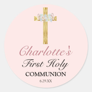 Sticker Rond Première communion de la Croix d'or rose