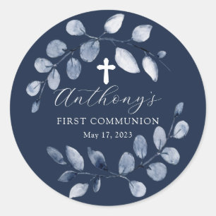 Sticker Rond Première communion feuille bleue