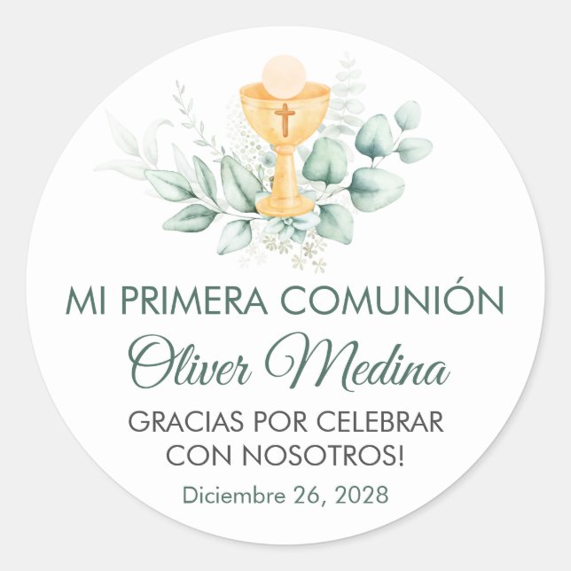 Sticker Rond Première communion Feuille verte mignonne et éléga (Devant)