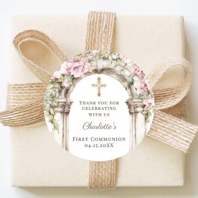 Sticker Rond Première communion fille croix d'arche de fleurs r (Créateur téléchargé)