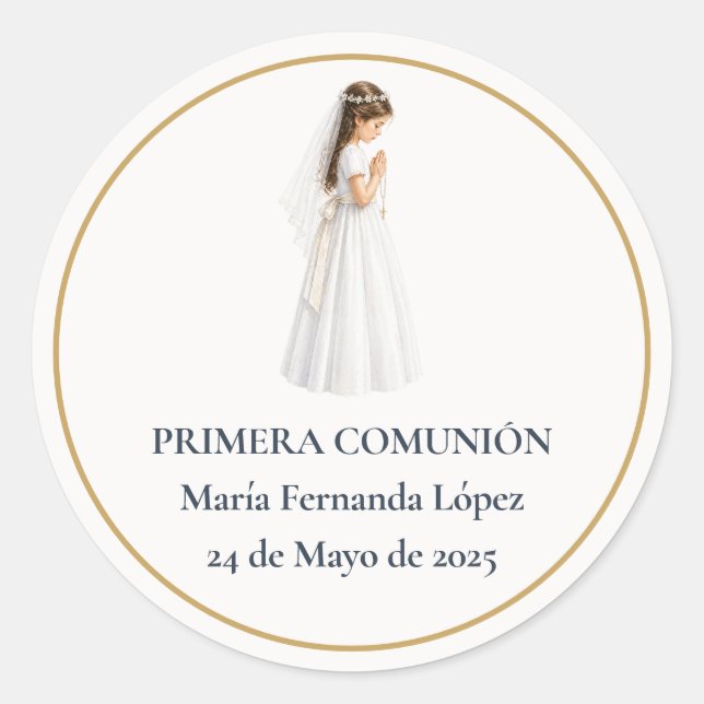 Sticker Rond Première communion fille priant (Devant)