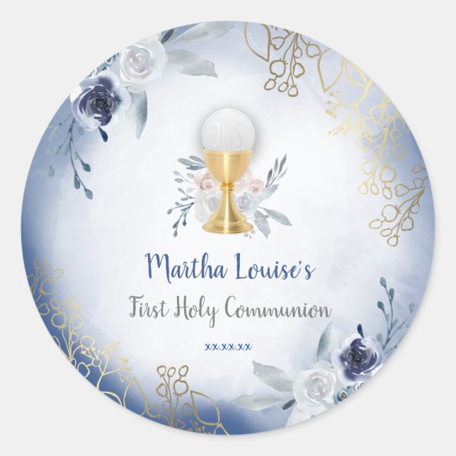 Sticker Rond première communion fleurs d'aquarelle bleue (Devant)