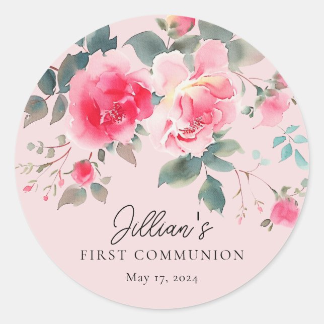 Sticker Rond Première communion Fleurs de rose (Devant)