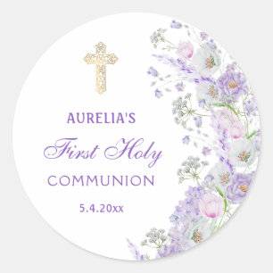 Sticker rond Première Communion Fleurs Lilac