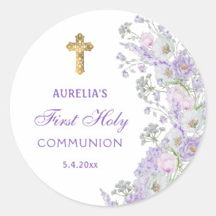 Sticker rond Première Communion Fleurs Lilac