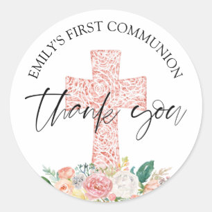 Sticker Rond Première Communion Floral Croix Rose Merci rose