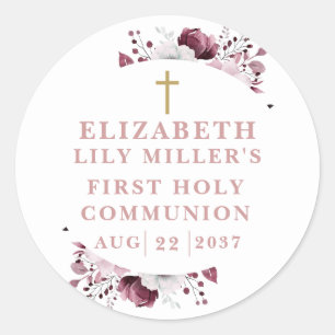 Sticker Rond Première communion florale botanique bohème rose