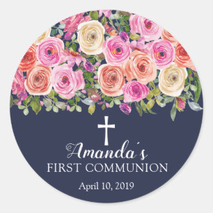 Sticker Rond Première communion florale rose moderne