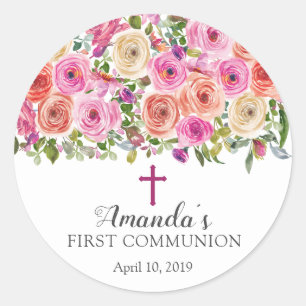 Sticker Rond Première communion florale rose moderne