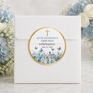 Sticker Rond Première communion garçon Croix d'or Bleue Florale