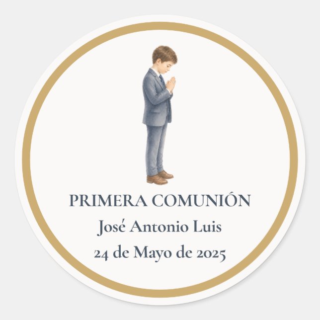 Sticker Rond Première communion garçon priant (Devant)