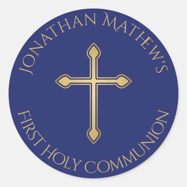 Sticker Rond Première Communion Gold Cross Monogramme Nom Bleu (Devant)