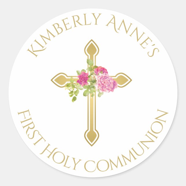 Sticker Rond Première communion Gold Cross Rose rose Monogramme (Devant)