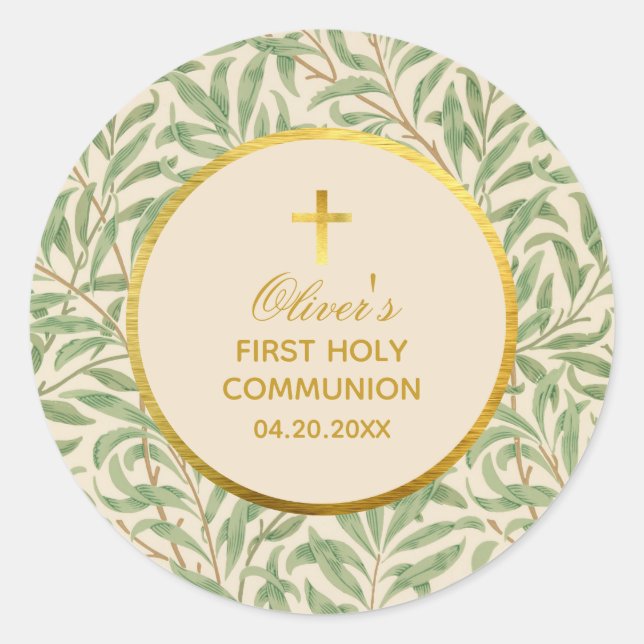 Sticker Rond Première Communion Green Feuilles Morris Faux Gold (Devant)