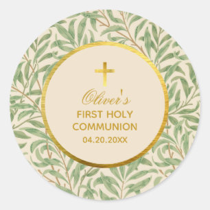 Sticker Rond Première Communion Green Feuilles Morris Faux Gold