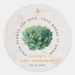 Sticker Rond Première Communion Green Foi Succulente Plante Sem