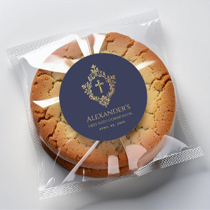 Sticker Rond Première communion Marine Blue Gold Crest Elegant 