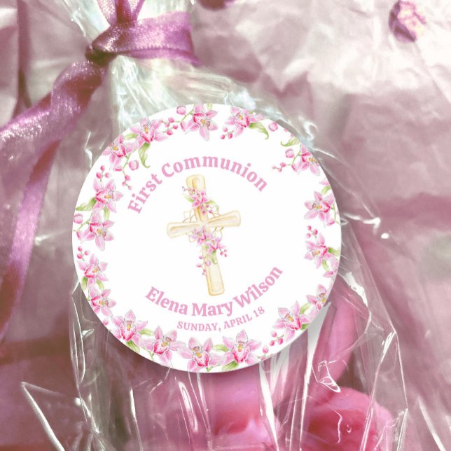 Sticker Rond Première communion orchidée rose aquarelle  (Créateur téléchargé)