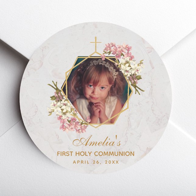 Sticker Rond Première Communion Photo Or rose Orchidées Marbre (Créateur téléchargé)