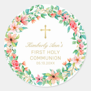 Sticker Rond Première communion Pink Floral Wreath Gold Nom cro