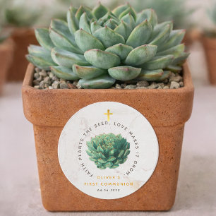 Sticker Rond Première Communion Plantes succulentes de foi vert