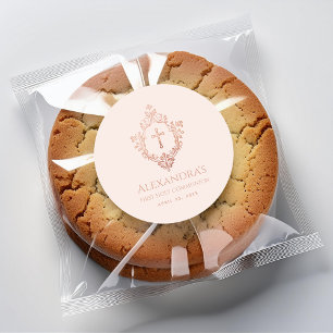 Sticker Rond Première Communion Rose Rose Gold Crest Élégante f