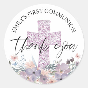 Sticker Rond Première communion violet Fleur sauvage Merci