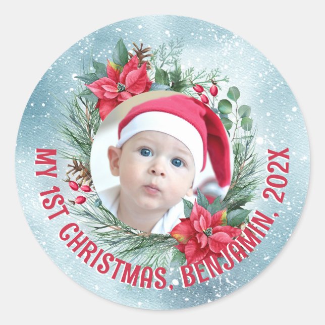 Sticker Rond Première couronne florale photo de Noël du bébé (Devant)