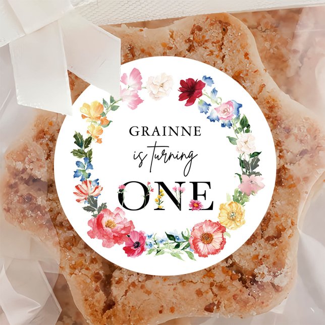 Sticker Rond Première fête d'anniversaire du Fleur sauvage du p (Créateur téléchargé)