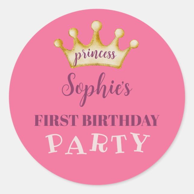 Sticker Rond Première fête d'anniversaire Princesse Rose & Or  (Devant)
