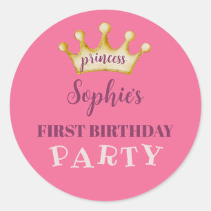 Sticker Rond Première fête d'anniversaire Princesse Rose & Or