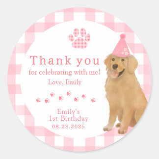 Sticker Rond Première fête d'anniversaire rose Golden Retriever