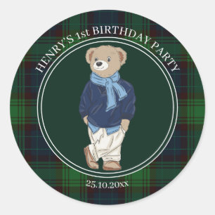 Sticker Rond Première ourson ours en peluche vert à carreaux fa