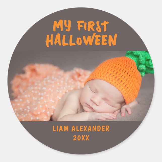 Sticker Rond Première photo de bébé Halloween Gris (Devant)