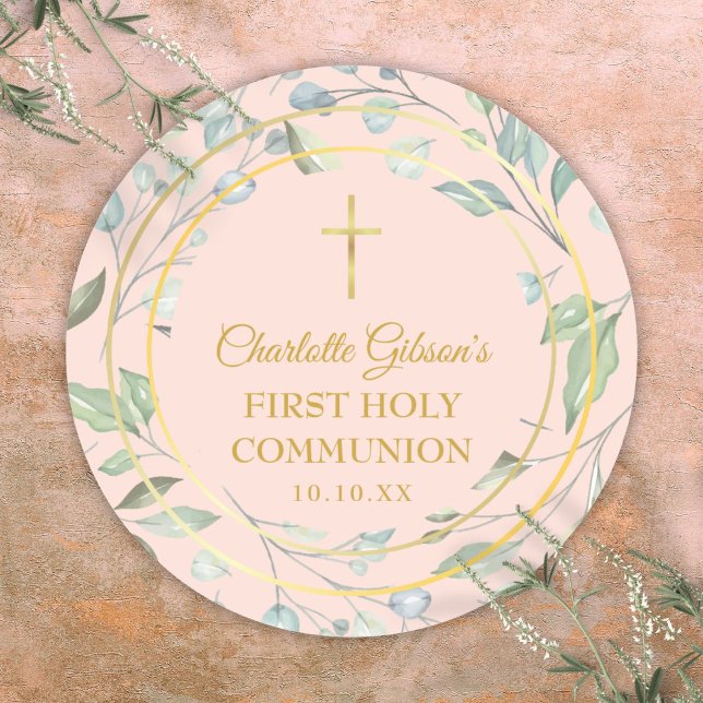 Sticker Rond Première Sainte Communion de couleur rose poudré a (Blush Pink First Holy Communion Greenery Classic Round Sticker)