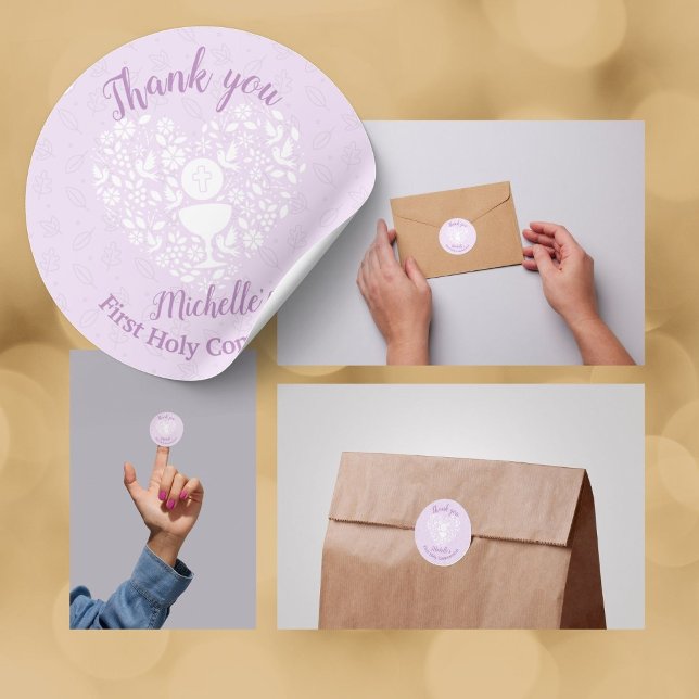 Sticker Rond Première Sainte Communion Fille Lavande (Use these personalized thank you stickers to simplify your First Holy Communion celebration)