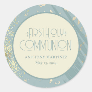 Sticker Rond Première Sainte Communion personnalisée Croix Bleu