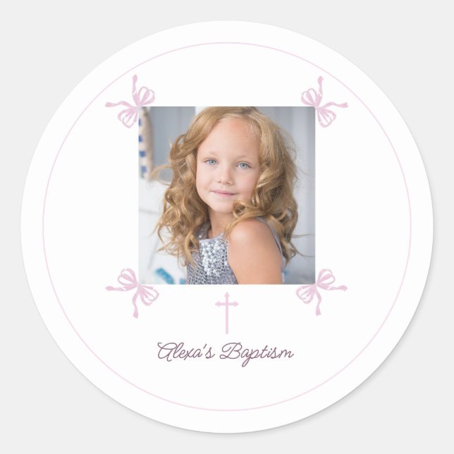 Sticker Rond Première Sainte Communion ruban rose et blanc (Devant)