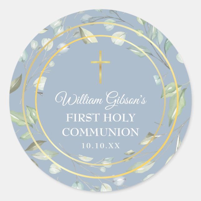 Sticker Rond Première Sainte Communion Verdure Croix Or Bleu (Devant)