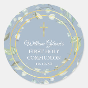 Sticker Rond Première Sainte Communion Verdure Croix Or Bleu