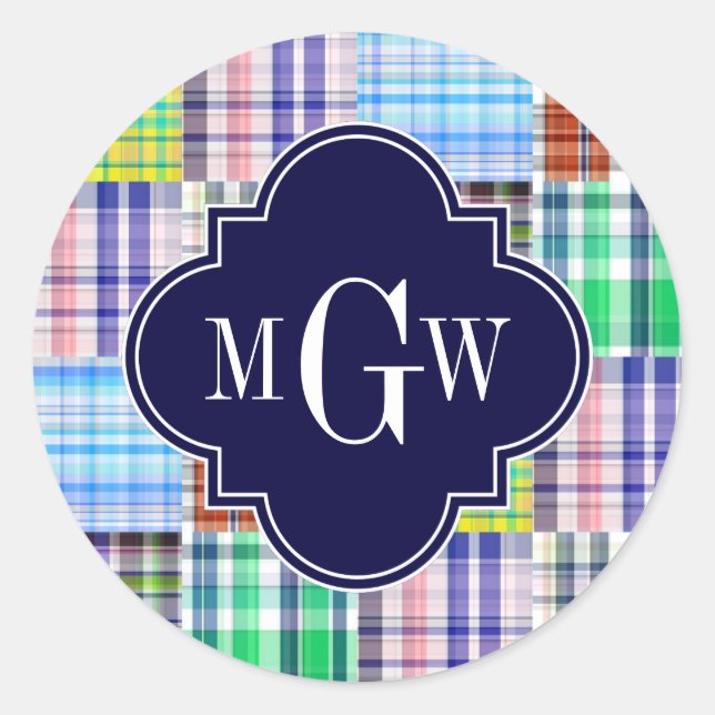 Sticker Rond Préparatoire Patchwork Madras Marine Quatrefeuille (Devant)