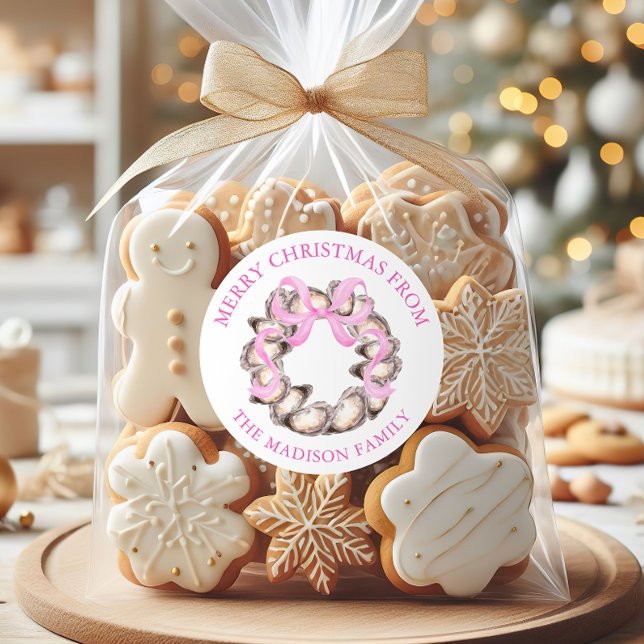 Sticker Rond Preppal Coastal Oyster Bow Wreath Christmas Adress (Créateur téléchargé)