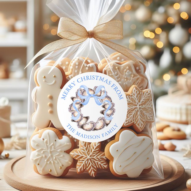 Sticker Rond Preppal Coastal Oyster Bow Wreath Christmas Adress (Créateur téléchargé)