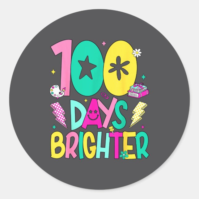 Sticker Rond Preppy 100 Days Brighter Happy 100th Day Of School (Devant)