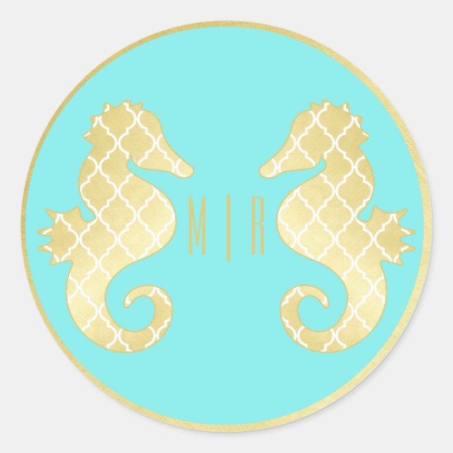 Sticker Rond Preppy Beach Seahorse Turquoise Gold Mariage (Devant)