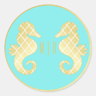 Sticker Rond Preppy Beach Seahorse Turquoise Gold Mariage
