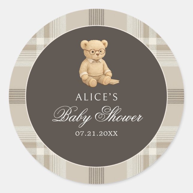 Sticker Rond Preppy Bear Soft Neutral Baby shower (Devant)