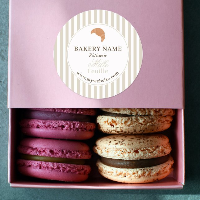 Sticker Rond Preppy Beige Brown Stripes Bakery Logo Product (Preppy Beige Brown Stripes Bakery Logo Product Classic Round Sticker)