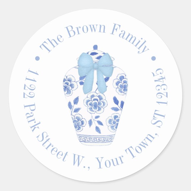 Sticker Rond Preppy Blue Bow Ginger Jar Adresse de retour (Devant)